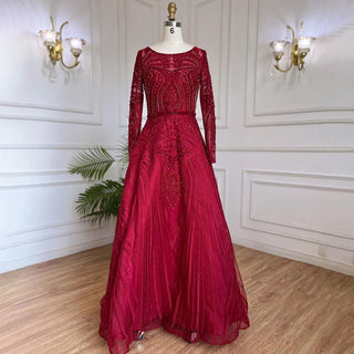 Muslim Wine Red Luxury Evening Dress - Women's Wedding Party Gown 2024 A-Line Beaded