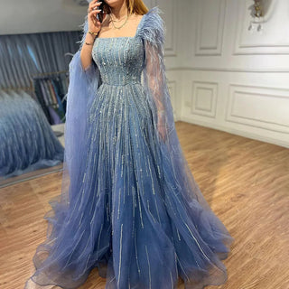 Luxury Dubai A-Line Blue Evening Dress with Cape Sleeves - Feathers Beaded Gown for Women's Wedding Party (2025)