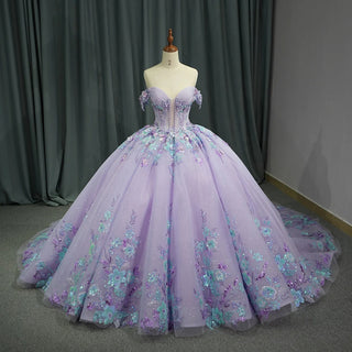 Princess Lilac Sequins Flower Long Tail Evening Party Dresses