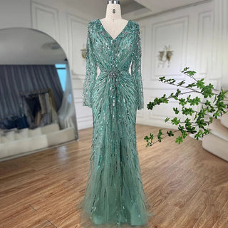 Arabic Turquoise Elegant Mermaid Evening Gown: Beaded Open Split for Women's Wedding Party 2024