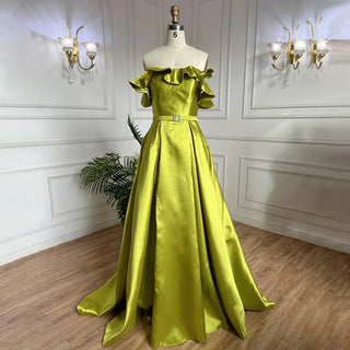 Olive Green A-Line Satin Off-Shoulder Long Evening Dress 2024 - Luxury Celebrity Gowns for Women's Party