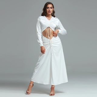 Ships in 1 to 3 Days - V-Neck White Maxi Dress with Long Sleeves - Ruched Tie Front Silk Dress for Women | Elegant Cut-Out Party & Casual Dress