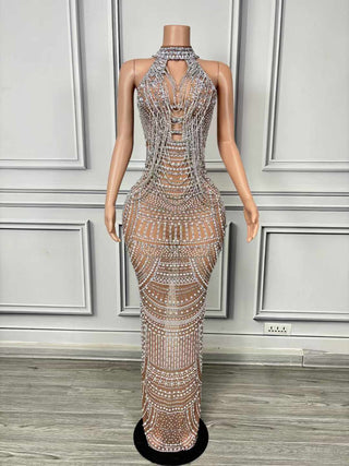 Crystal-Adorned Halter Neck Evening Gown