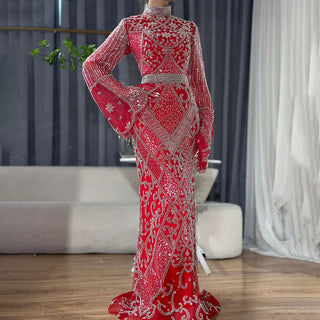 2025 Muslim Red Mermaid Evening Dress - Beaded Cape Sleeves Gown for Formal Occasions