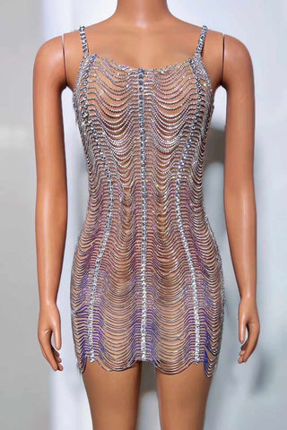 Illusion Mini Dress with Wave-Patterned Rhinestone Embellishments