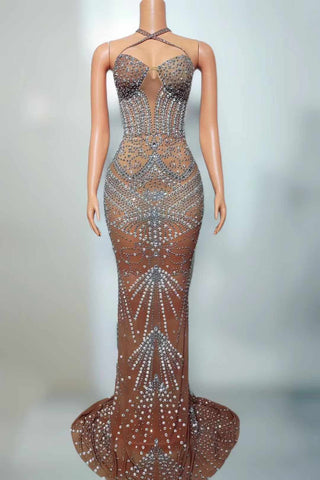 Glamorous Crystal-Embellished Sheer Illusion Gown