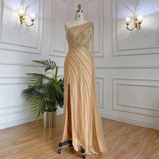 Gold Elegant Mermaid Evening Dress: 2024 Luxury Beaded with One Shoulder Cape Sleeve and High Split