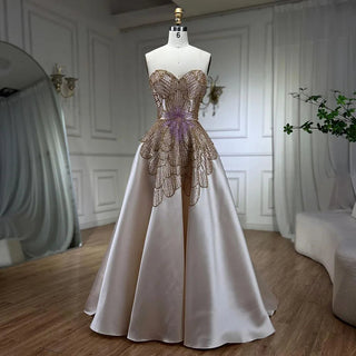 Dubai Arabia Beige A-Line Satin Evening Gown 2024: Strapless, Luxury Beaded for Women's Wedding Party