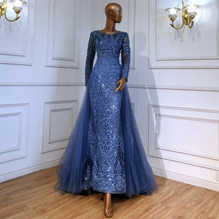 Muslim Blue Mermaid Evening Dress: 2024 Overskirt Luxury Beaded Elegant Gown for Women's Party