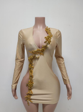 Plunging Long-Sleeve Embellished Bodycon Mini Dress