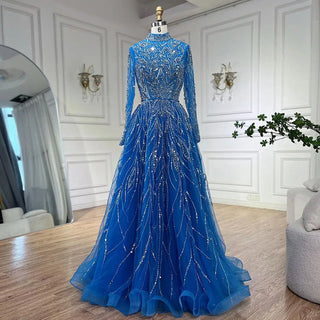 Ships in 1 to 3 Days - Muslim Elegant Blue A-Line Beaded Luxury Dubai Evening Dresses Gowns For Women Wedding Party 2024