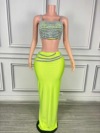 Neon Green Crystal Embellished Two-Piece Evening Set