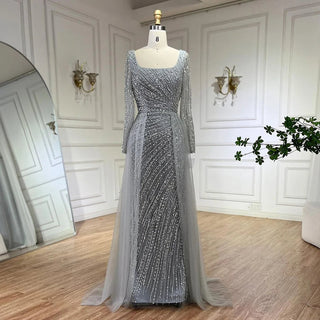 Arabic Dubai Silver Gray Mermaid Evening Dress - 2024 Luxury Beaded Gown with Detachable Skirt for Women's Party