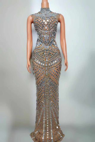 Geometric Rhinestone High-Neck Evening Gown