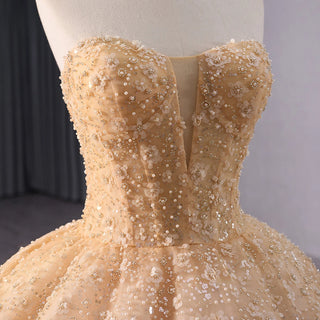 Elegant Golden Strapless Sequins Flower Ball Gown Evening Dress