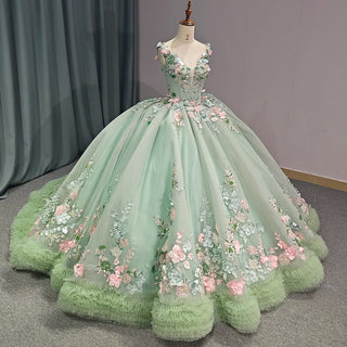 Fashion V-Neck Appliqued Flower Green Quinceañera Formal Gown