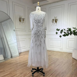 Arabic Silver White Luxury Beaded Dubai Ankle-Length Evening Dress - Gown for Women's Wedding Party 2024