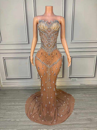 Luxury Crystal-Embellished Sheer Evening Gown