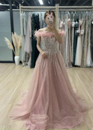 Ships in 1 to 3 Days - Exclusive Off-Shoulder Pink A-Line Evening Gown - Beaded Feathers Luxury Dress for Girls’ Birthday Parties in Dubai