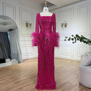 Muslim Fuchsia Luxury Beaded Feathers Mermaid Women Wedding Party Dubai Gowns Long Evening Dresses 2024