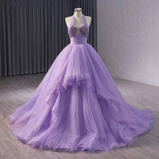 Elegant Lilac Halter Ball Gown Evening Party Dress for Women