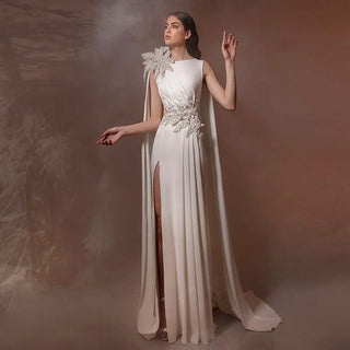 Luxury Dubai White Evening Dress with Beaded Cape: Elegant Arabic Women's Prom Formal Dresses for Wedding Party