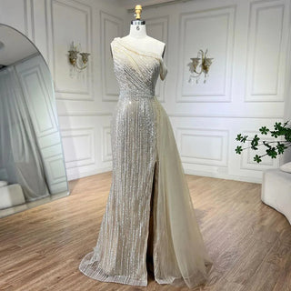 Ships in 1 to 3 Days - Yellow One Shoulder Elegant High Split Mermaid Beaded Evening Dresses Gowns for Women Wedding Party