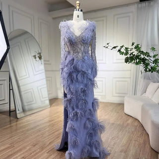 Arabic Lilac Mermaid Evening Dress with High Split Skirt, Beaded Feathers - 2024 Party Gown for Women