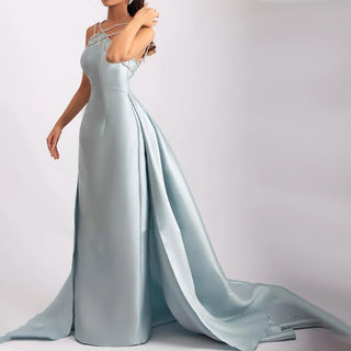 Blue Satin Elegant Halter Mermaid Evening Dress with Overskirt - Beaded Gown for Women's Wedding Party 2024