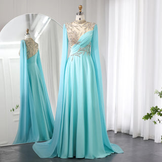 Luxury Crystal Turquoise Blue Evening Dress with Cap Sleeves: 2024 High Neck Arabic Women Wedding Party Dress