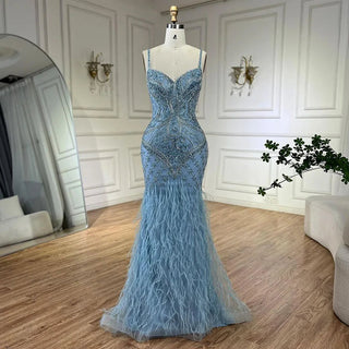 Ships in 1 to 3 Days - Arabic Blue Spaghetti Strap Feathers Beaded Luxury Dubai Evening Dresses Gowns For Women Wedding Party 2024