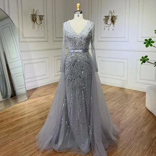 2024 Dubai Gray Long Sleeves Mermaid Beaded Arabic Luxury Evening Dress: Gowns for Women's Wedding Party