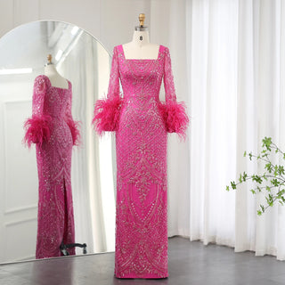 Arabic Fuchsia Luxury Dubai Evening Dresses Feathers Long Sleeves Straight Muslim Women Wedding Party