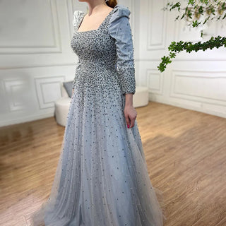 Ships in 1 to 3 Days - Arabic Grey A-Line Evening Dress 2024 with Puffy Shoulders, Elegant Beaded Luxury - Ideal for Women's Wedding Party