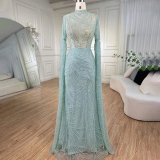 Mint Luxury Mermaid Muslim Evening Dress - 2024 Cape Sleeves Beaded Elegant Gowns for Women Wedding Party