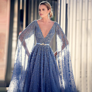 Luxury Blue A-Line Evening Dress with Cape Sleeves - Women's Party Gown 2024