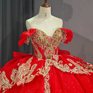 Shiny Red Sweetheart Lace Embroidery Quinceañera Party Gown