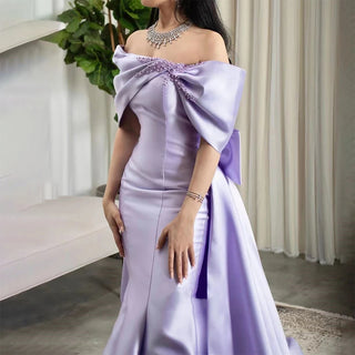 Lilac Elegant Mermaid Evening Dress 2024: Boat Neck, Beaded, Satin, Sexy - Ideal for Women's Party