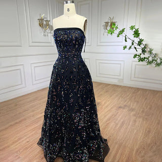 Black A-Line Elegant Evening Dress 2024 - Off-The-Shoulder Luxury Beaded Sequins for Women's Party