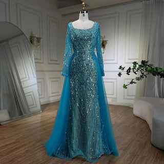 Blue Serenity: 2024 Muslim Elegant Mermaid Evening Dress with Overskirt - Beaded Gown for Women's Wedding Party