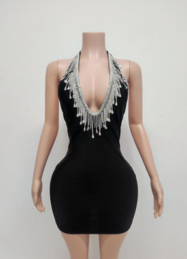 Halter-Neck Plunge Mini Dress with Crystal Fringe Detailing