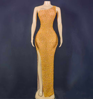 Elegant One-Shoulder Gown with Golden Embellishments and High Slit