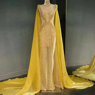 Illusion Mermaid Dress with High Split, Sexy Lace Beading, and Organza Cape - Yellow Fashion Stage Dress