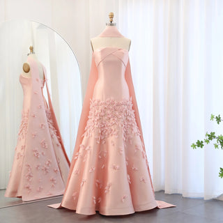 Luxury 3D Leaves Blush Pink Satin Mermaid Evening Dress with Cape - Dubai Arabic Women Wedding Prom Party Gown