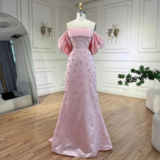 Ships in 1 to 3 Days - 2024 Arabic Luxury Crystal Beaded Mermaid Pink Satin Long Evening Dresses Gowns for Women's Wedding Party