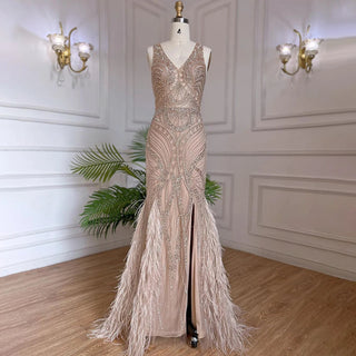 Nude Luxury Mermaid Evening Dress 2024 - Beaded Feather Gown for Women's Wedding Party