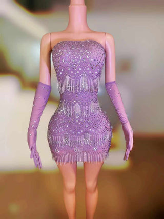 Elegant Strapless Mini Dress with Intricate Crystal Embellishments and Matching Gloves