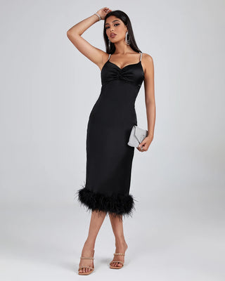 Ships in 1 to 3 Days - Fall New Arrivals Luxury Evening Dress - Crystal Beading Silver Strap Black Party Birthday Dress with Feather