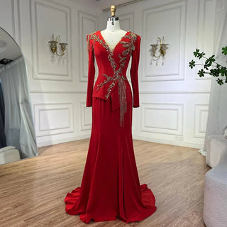 Ships in 1 to 3 Days - Arabic Red Mermaid Dresses for Women, Elegant Tassel, Beaded, Luxury, Dubai Evening Gowns, Wedding Party.