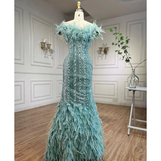 Dubai Mint Luxury Crystal Feathers Sexy Mermaid Evening Dress - Formal Gown for Women's Wedding Party 2024